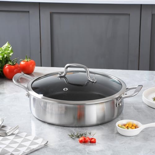 Yeksum Tri-Ply Stainless Steel 7 Quarts Saute Pan, 12 Inch Nonstick Skillet with lids, Fast even Heat cookware, Hybird Large Frying Pan, 18/10 Chef's Cooking Pan, Induction Pan, Dishwasher and Oven Safe - Image 5