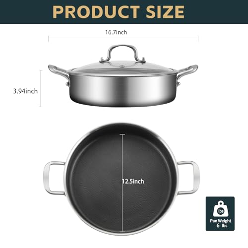 Yeksum Tri-Ply Stainless Steel 7 Quarts Saute Pan, 12 Inch Nonstick Skillet with lids, Fast even Heat cookware, Hybird Large Frying Pan, 18/10 Chef's Cooking Pan, Induction Pan, Dishwasher and Oven Safe - Image 4