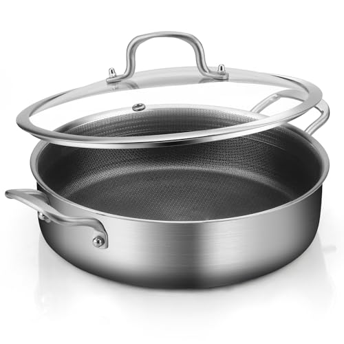 Yeksum Tri-Ply Stainless Steel 7 Quarts Saute Pan, 12 Inch Nonstick Skillet with lids, Fast even Heat cookware, Hybird Large Frying Pan, 18/10 Chef's Cooking Pan, Induction Pan, Dishwasher and Oven Safe - Image 1