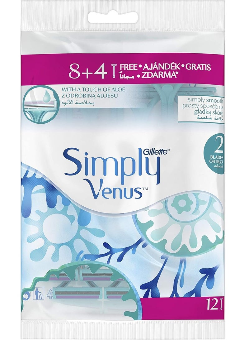 Venus Gillette Simply Venus Disposable Razor for Women, 2 Blades 8+4 Pieces - Image 1