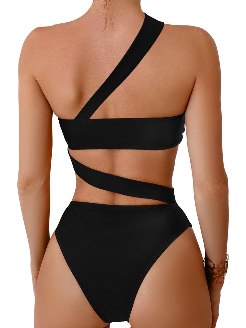 Lilosy Sexy Cutout Tube One Shoulder Swimsuit High Waist Piece Cheekly Bikini Brazilian Women Bandeau Bathing Suit Black 2# Medium - Image 2