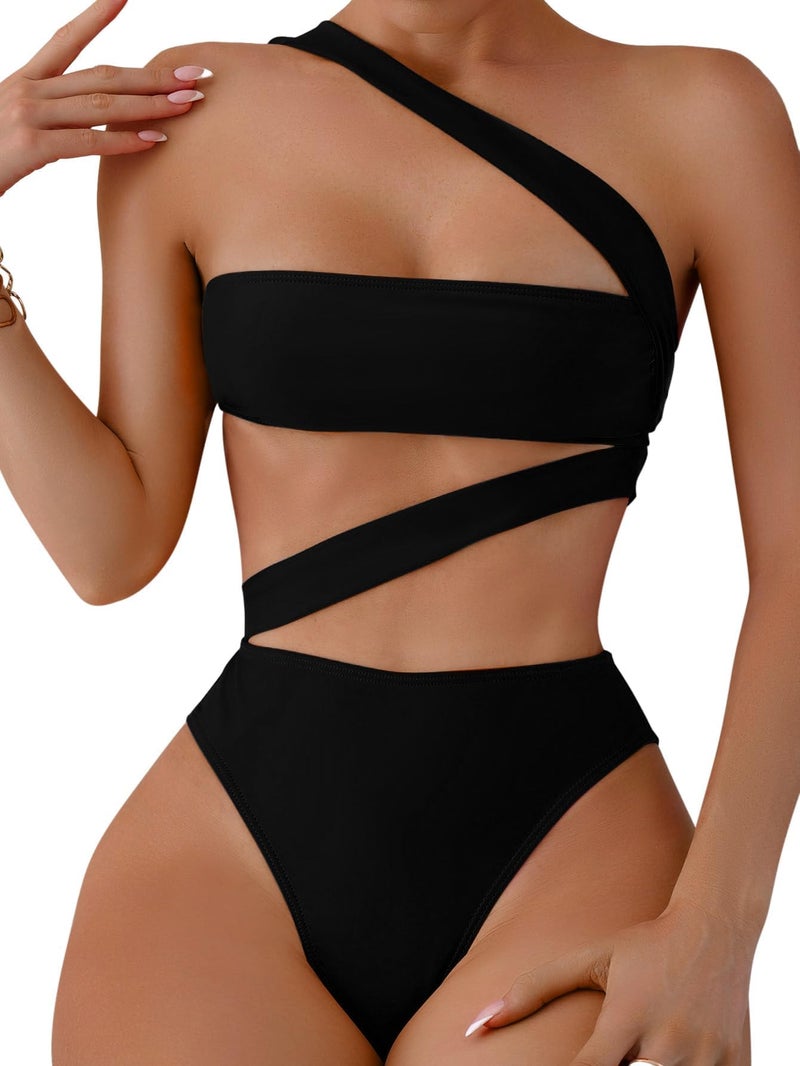 Lilosy Sexy Cutout Tube One Shoulder Swimsuit High Waist Piece Cheekly Bikini Brazilian Women Bandeau Bathing Suit Black 2# Medium - Image 1
