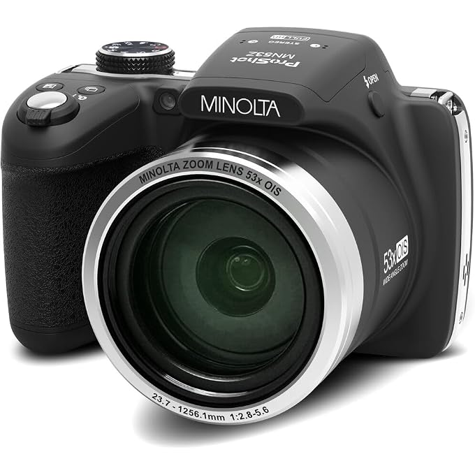 MINOLTA MN53Z 16 MP / 1080P FHD Bridge Digital Camera w/53x Optical Zoom (Black) Bundle with 32GB Memory Card + Camara Bag + Cleaning Kit + Vlogging Tripod + Accessories - Image 2