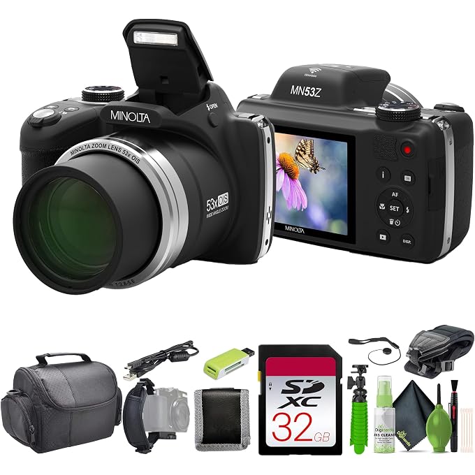 MINOLTA MN53Z 16 MP / 1080P FHD Bridge Digital Camera w/53x Optical Zoom (Black) Bundle with 32GB Memory Card + Camara Bag + Cleaning Kit + Vlogging Tripod + Accessories - Image 1