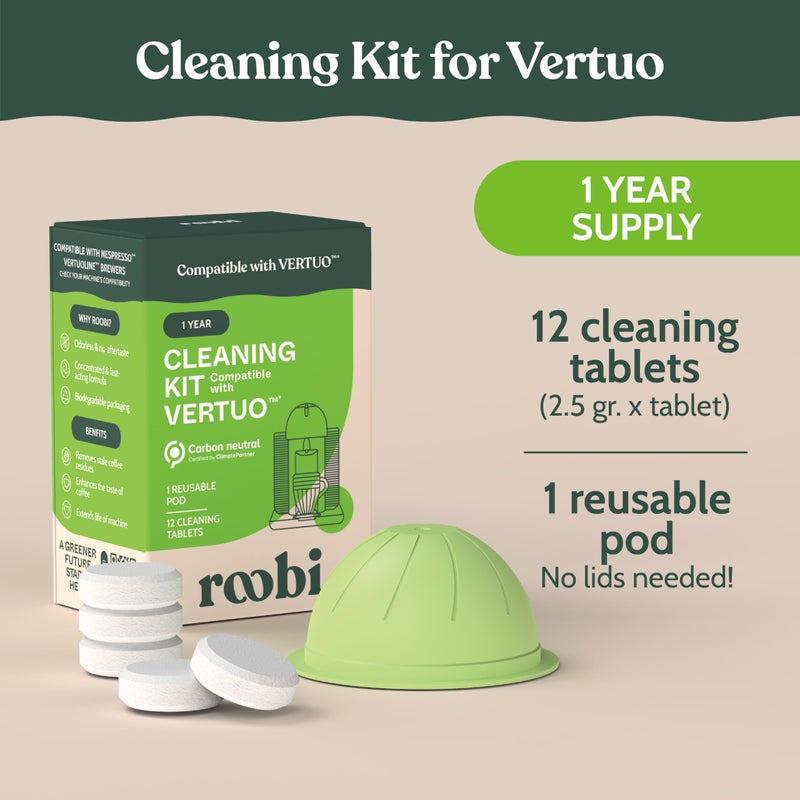 Roobi Cleaning Kit Compatible with Nespresso Vertuoline. Includes 1 Reusable Pod & 12 Cleaning Tablets. Carbon Neutral Vertuoline Cleaner Kit. 1 Year Supply. - Image 2
