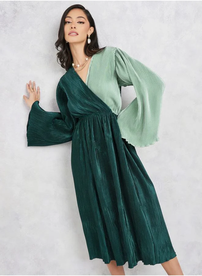 Styli Plisse Colorblock A-Line Midi Dress