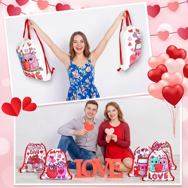 Dansydaisy 12 Pcs Color Your Own Valentine s Day Canvas Drawstring Bags Coloring Valentines Crafts for Valentine s Day Candy Treat Goodies Gift Bags Crafts Bulk Party Favors - Image 4
