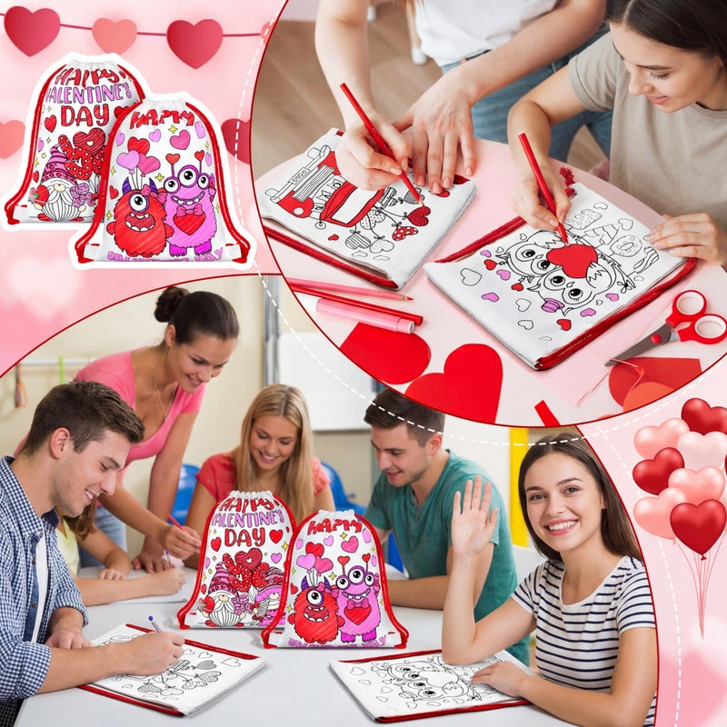 Dansydaisy 12 Pcs Color Your Own Valentine s Day Canvas Drawstring Bags Coloring Valentines Crafts for Valentine s Day Candy Treat Goodies Gift Bags Crafts Bulk Party Favors - Image 5
