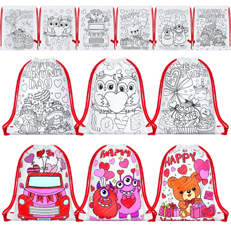 Dansydaisy 12 Pcs Color Your Own Valentine s Day Canvas Drawstring Bags Coloring Valentines Crafts for Valentine s Day Candy Treat Goodies Gift Bags Crafts Bulk Party Favors - Image 1
