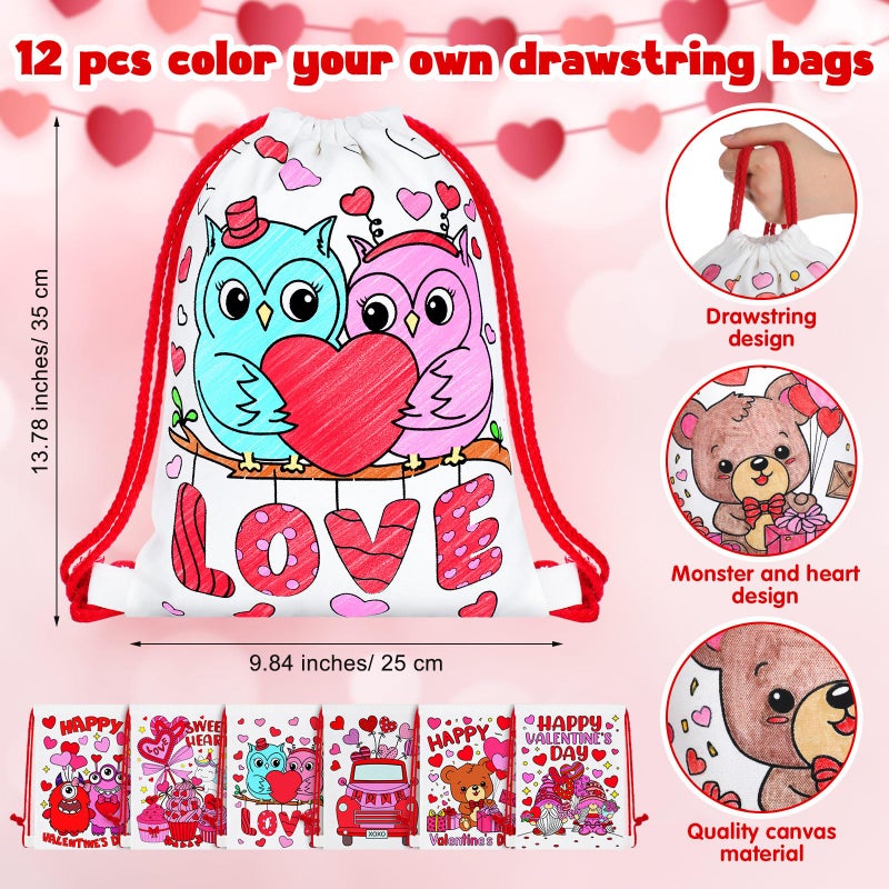 Dansydaisy 12 Pcs Color Your Own Valentine s Day Canvas Drawstring Bags Coloring Valentines Crafts for Valentine s Day Candy Treat Goodies Gift Bags Crafts Bulk Party Favors - Image 2