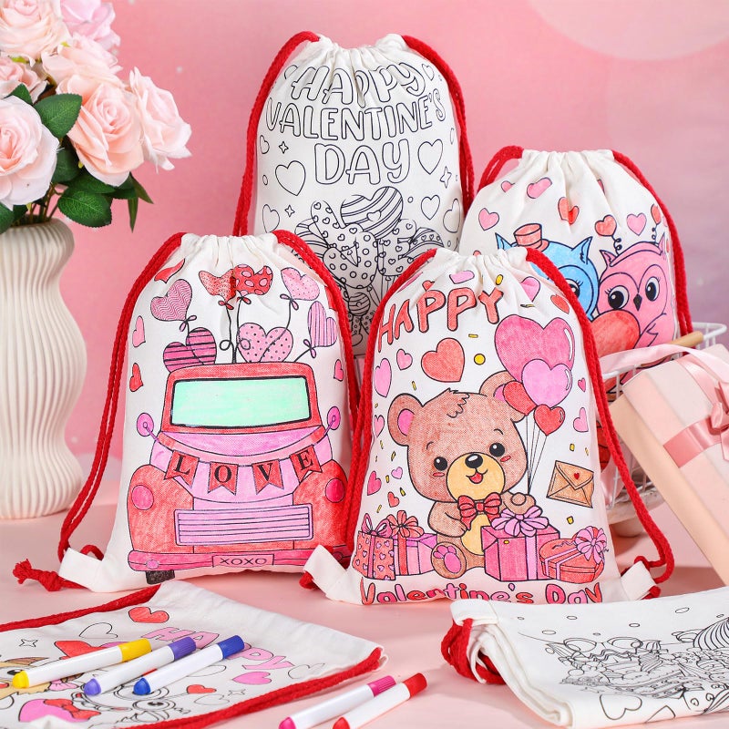 Dansydaisy 12 Pcs Color Your Own Valentine s Day Canvas Drawstring Bags Coloring Valentines Crafts for Valentine s Day Candy Treat Goodies Gift Bags Crafts Bulk Party Favors - Image 3