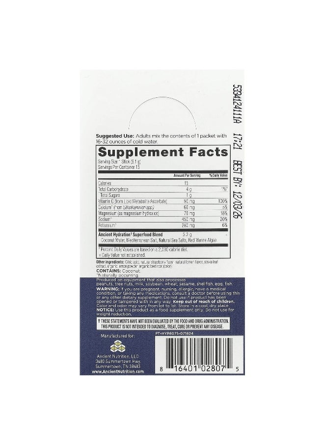 Ancient Nutrition - Ancient Nutrition, Rapid Hydration, Strawberry Lemonade, 15 On-The-Go Stick Packs, 0.2 oz (6.1 g) Each - Image 1