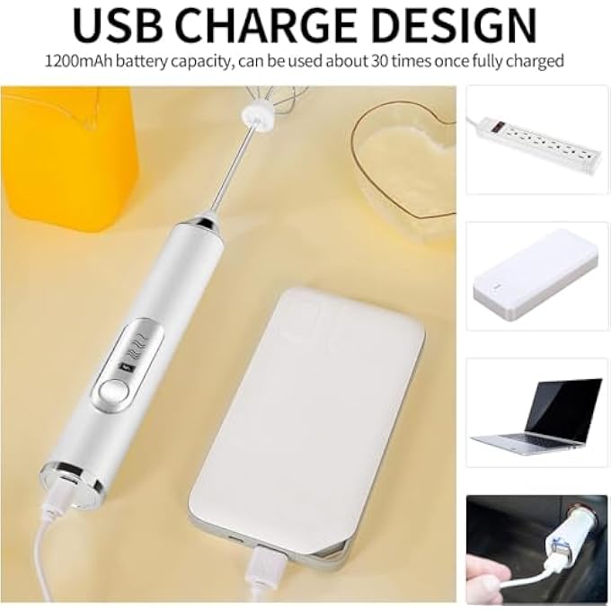 أميرتير جهاز خفق الحليب القابل لإعادة الشحن، جهاز خفق القهوة الكهربائي، صانع رغوة محمول باليد مع خفاقة من الفولاذ المقاوم للصدأ، 3 سرعات قابلة للتعديل، جهاز رغوي صغير للكابتشينو والقهوة واللاتيه والشوكولاتة الساخنة، أبيض - Image 5