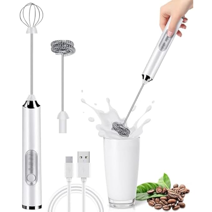 أميرتير جهاز خفق الحليب القابل لإعادة الشحن، جهاز خفق القهوة الكهربائي، صانع رغوة محمول باليد مع خفاقة من الفولاذ المقاوم للصدأ، 3 سرعات قابلة للتعديل، جهاز رغوي صغير للكابتشينو والقهوة واللاتيه والشوكولاتة الساخنة، أبيض - Image 1