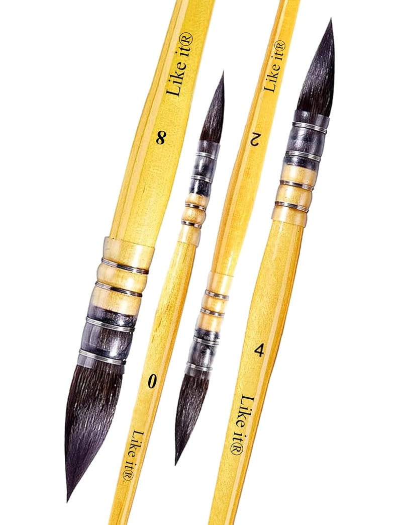 Like-It ﻿Artists Professional Black Synthetic Hair MOP Brush Set of 4 (Sizes 0, 2, 4, 8) | Ideal for Watercolor,Acrylic,Gouache Painting, Ergonomic Handle Design (Brown Mops) - Image 1