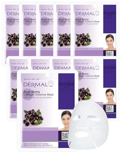 DERMAL Acai Berry Collagen Essence Facial Mask Sheet 23g Pack of 10 - Moisturizing & Firming Keeps Skin Healthy and Clean, Daily Skin Treatment Solution Sheet Mask - Image 1