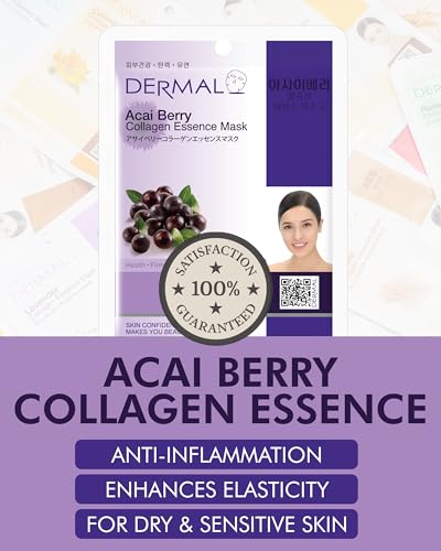 DERMAL Acai Berry Collagen Essence Facial Mask Sheet 23g Pack of 10 - Moisturizing & Firming Keeps Skin Healthy and Clean, Daily Skin Treatment Solution Sheet Mask - Image 2