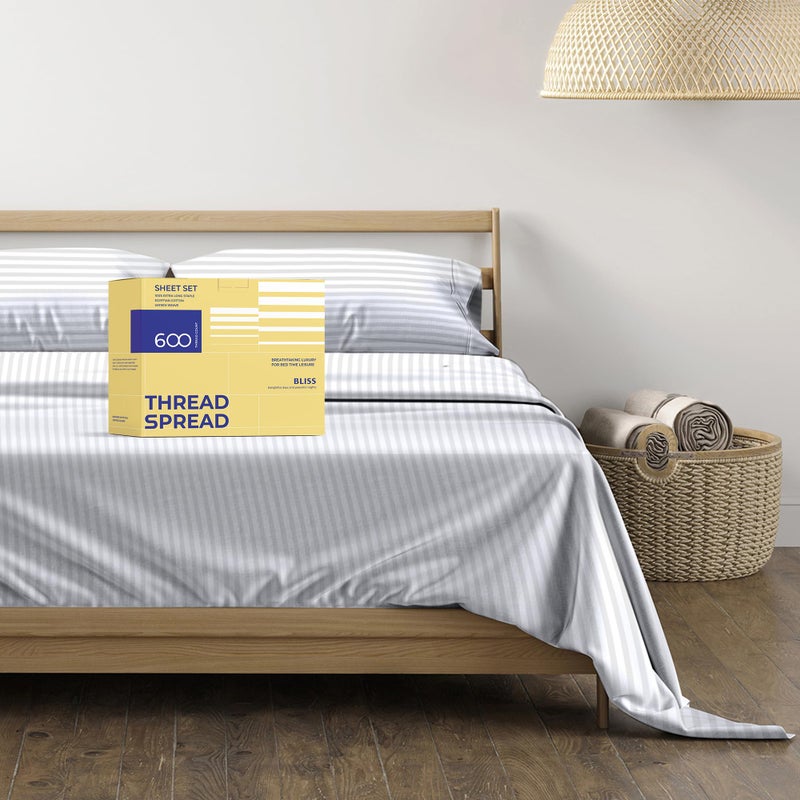 THREAD SPREAD Luxury Egyptian Cotton Queen Stripe Sheet Set 600 Thread Count Extra Long Staple 4 PC Set Queen White Damask Sheets Soft Cooling Sateen Weave Striped Sheets Upto 18 Deep Pocket