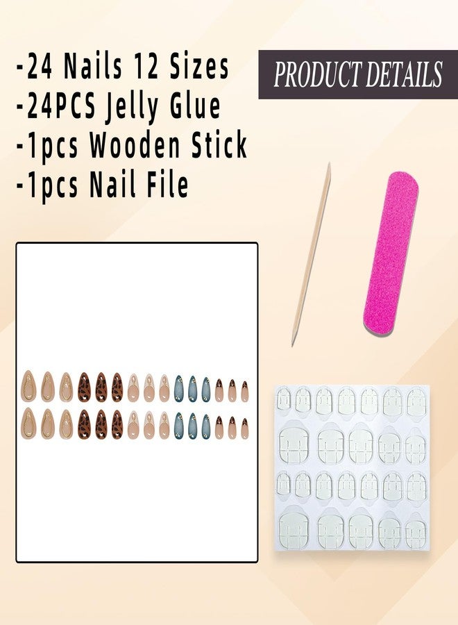 Jremg Press on Medium Almond Brown Leopard French Tip Glue with 3D Gold Star Charms Full Cover False Blue White Gradient Stick on Nails - 24pcs - Image 2