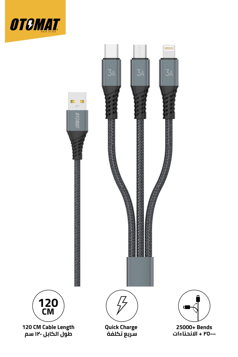 OTOMAT 3-in-1 Multi Charging USB Cable (USB to Type C, Lightning, and Micro) 1.2 Meter Nylon – Fast Charging, Durable, iPhone Charger, Android Charger, Power Bank, Quick Charge – Black - Image 1