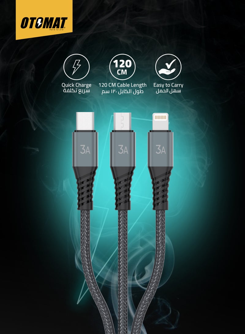 OTOMAT 3-in-1 Multi Charging USB Cable (USB to Type C, Lightning, and Micro) 1.2 Meter Nylon – Fast Charging, Durable, iPhone Charger, Android Charger, Power Bank, Quick Charge – Black - Image 5