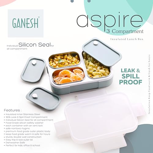 Ganesh Aspire 3 Compartment Stainless Steel Lunch Box Sealed Leakage Proof Lunch Box for Office School etc 800ml-Brown - Image 5