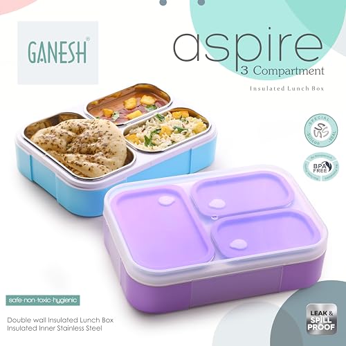 Ganesh Aspire 3 Compartment Stainless Steel Lunch Box Sealed Leakage Proof Lunch Box for Office School etc 800ml-Brown - Image 4