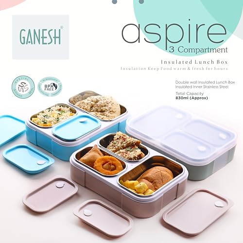Ganesh Aspire 3 Compartment Stainless Steel Lunch Box Sealed Leakage Proof Lunch Box for Office School etc 800ml-Brown - Image 2
