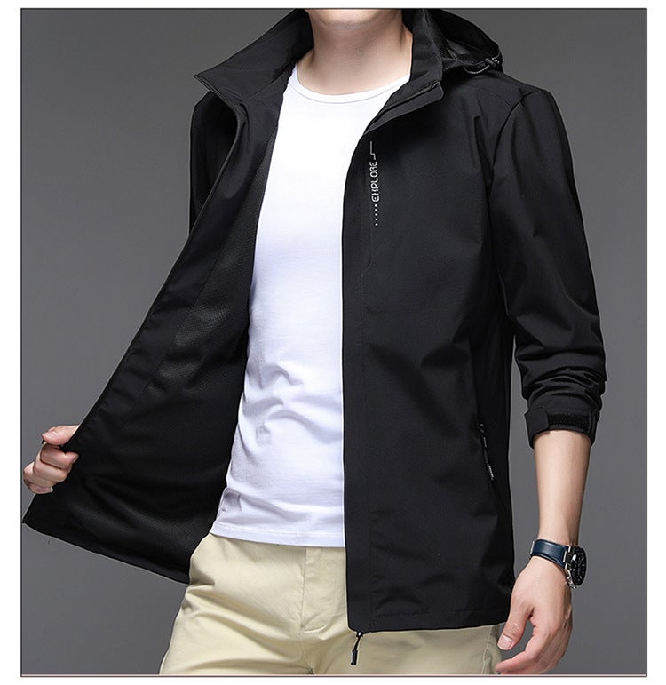 2023 Jacket Mens Spring and Autumn Thin Korean Fashionable Mens Casual Jacket Mens Hooded Business Solid Color Charge Clothes 7266 black-men's and women's 