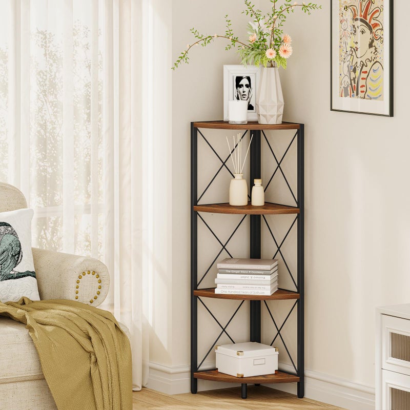Snughome Rustic Corner Shelf Stand for Desktop, 4 Tier Corner Storage Plant Shelf, Freestanding Corner Shelf Display Rack, Multi-Unit Organizer for Living Room, Home Office, Small Spaceï¼ŒRustic Brown - Image 3