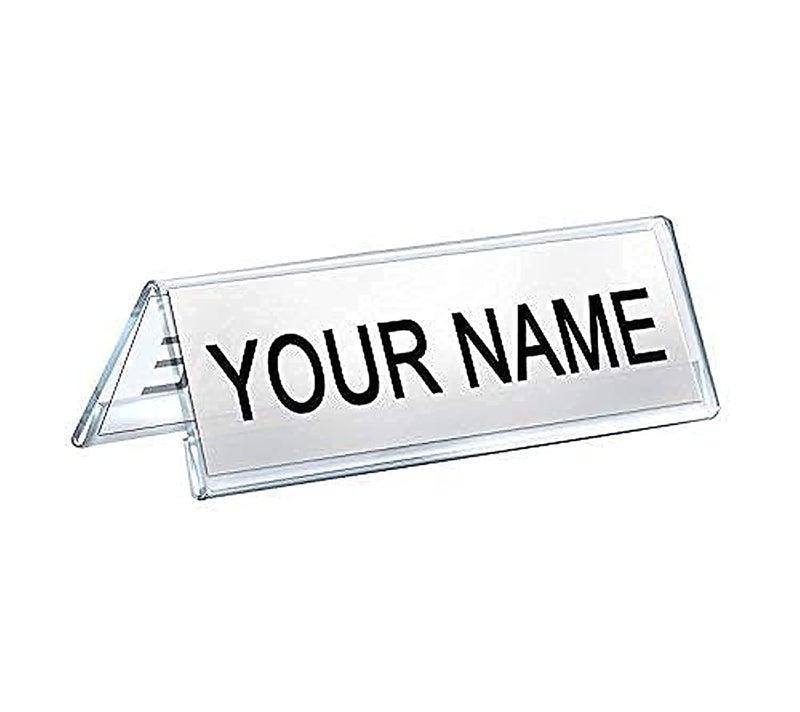 Shuban Clear Acrylic Desk Name Plate Holder – 10 Pack 2-Sided 06 Inch x 02 Inch V-Shaped Display Stand for Name Plates, Table Place Cards, Signs & Labels – Reusable for Office, Business, Weddings, Restaurants & Schools - Image 1