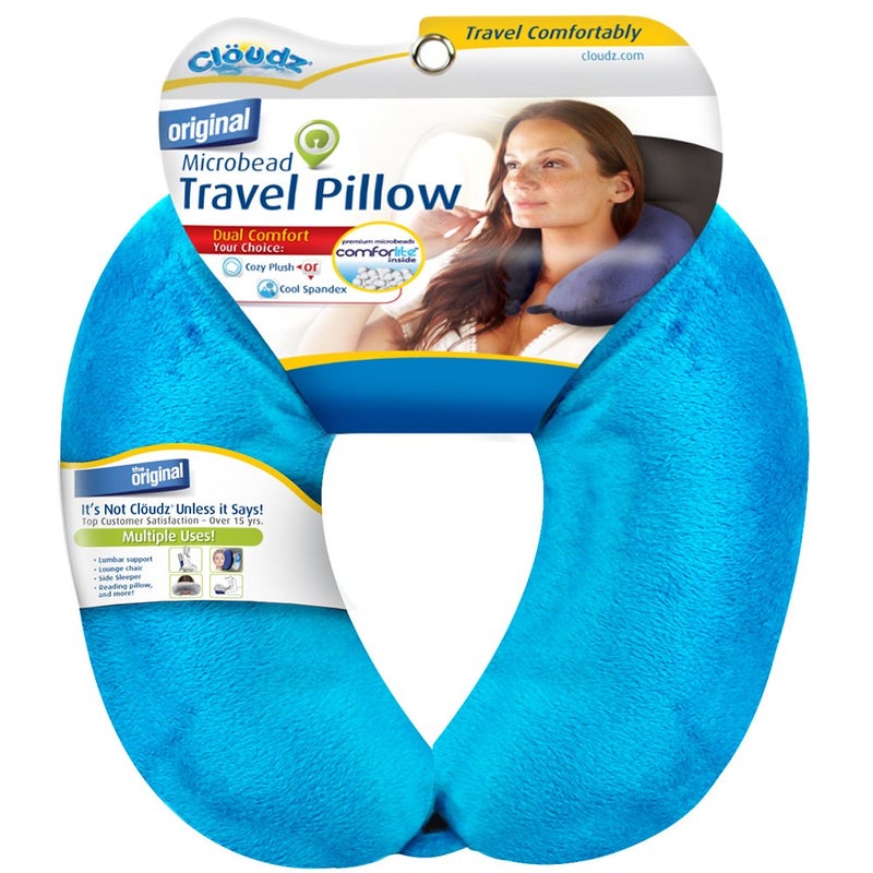 Cloudz Dual Comfort Microbead Airplane Travel Neck Pillow Soft Cozy Plush Fabric on One Side Cool Relaxing Spandex on The Other Customize Your Comfort and Support at Home or On The Go Bright Blue