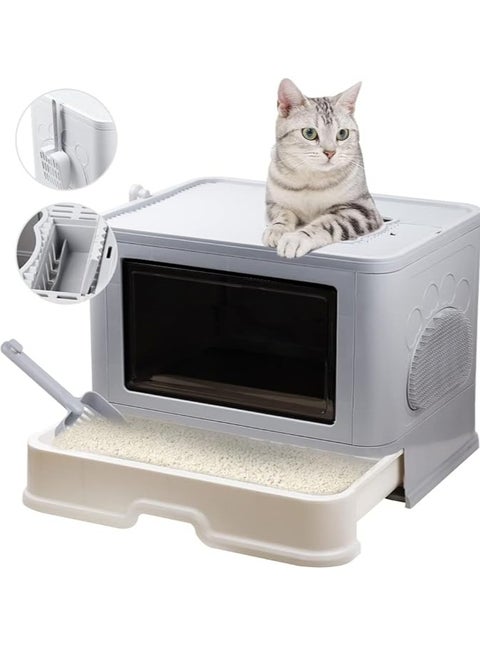 Foldable Cat Litter Box,Cat Litter Box with Lid, Enclosed Cat Potty, Top Entry Anti-Splashing Cat Toilet, Easy to Clean Including Cat Litter Scoop and 2-1 Cleaning Brush