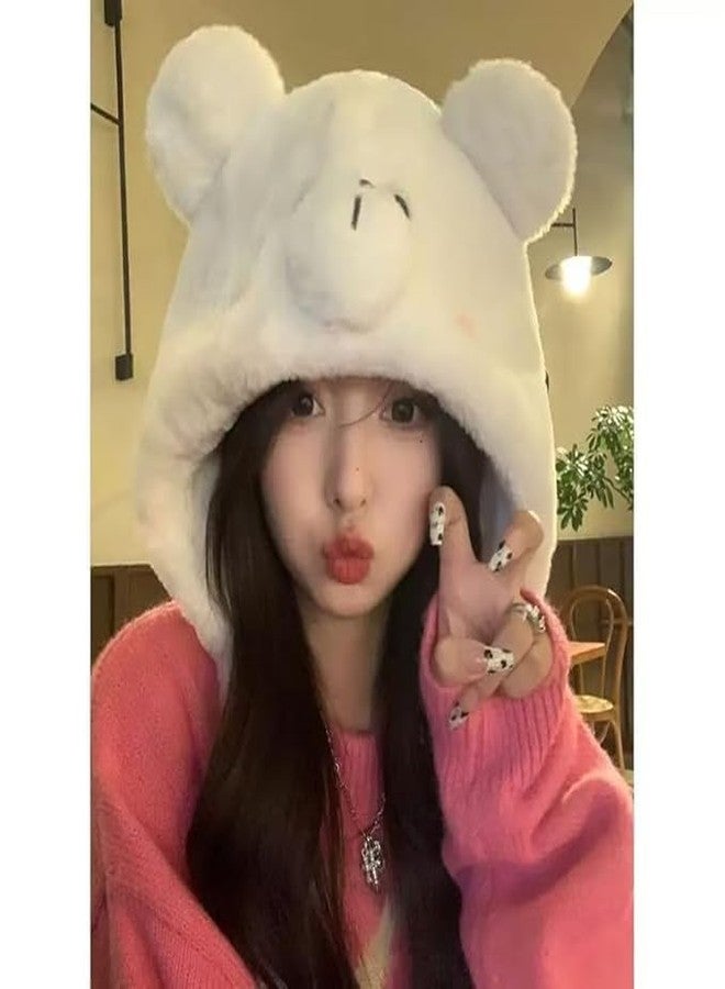 قبعة شتوية دافئة محبوكة ناعمة من ريتشمن للنساء والفتيات | قبعة مريحة ورقيقة على شكل دب لطيف مع واقيات للأذنين وقبعة جمجمة للجنسين مقاس واحد (أبيض) - Image 2