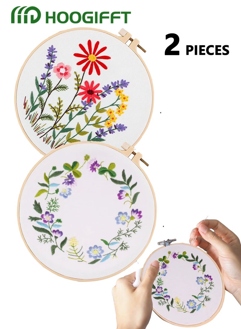 HOOGIFFT 2-Piece Embroidery Starter Kit Green/White/Pink，Flower Embroidery - Image 1