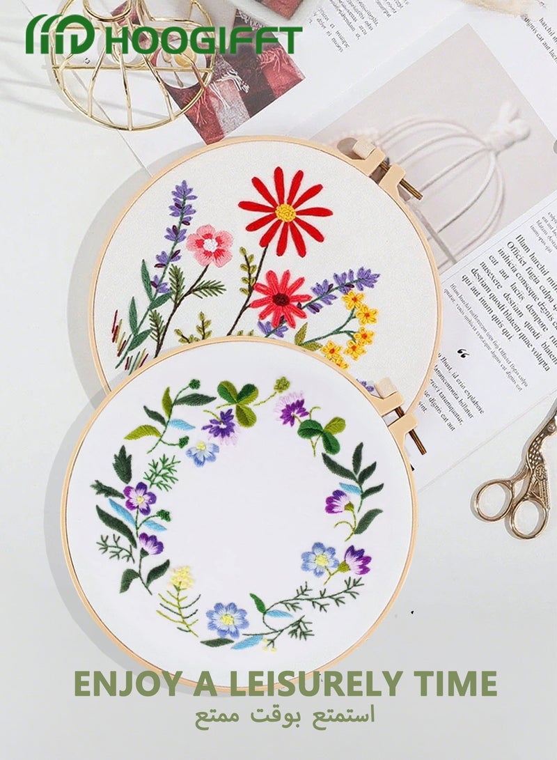 HOOGIFFT 2-Piece Embroidery Starter Kit Green/White/Pink，Flower Embroidery - Image 2