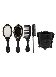 EXCEART 1 Set 5 Pcs Mirror Comb Set Vintage Hand Mirror Antique Hair Brush With Storage Holder For Wet/ Dry Hair Styling Tool Makeup Accessories ( Black )  - Image 2