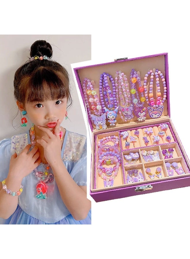 Kids Kawaii Jewelry Box Set with Necklaces, Bracelets, Rings and Earrings, Purple Princess Design Birthday Gifts for Little Girls - Image 1