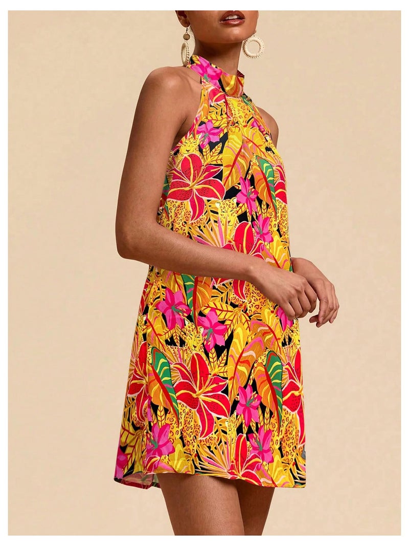 Floerns Women's Sleeveless Floral Print Sundress Halter Neck A Line Short Dress Orange Small - Image 2