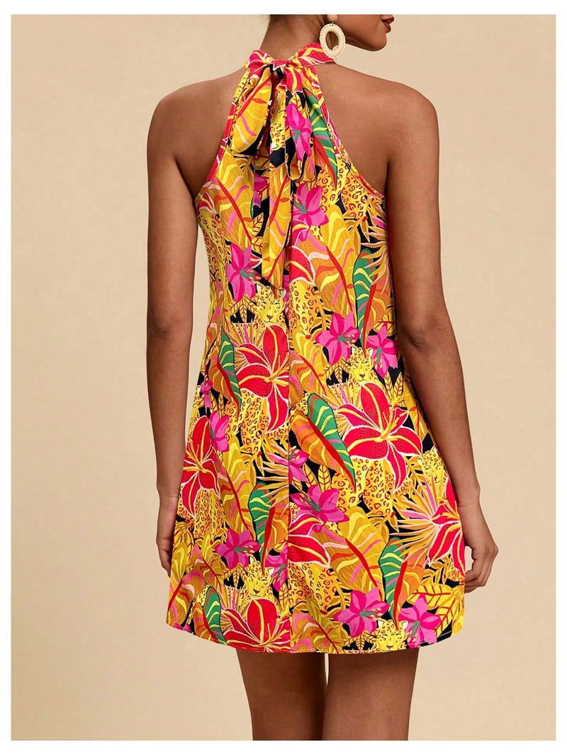 Floerns Women's Sleeveless Floral Print Sundress Halter Neck A Line Short Dress Orange Small - Image 3