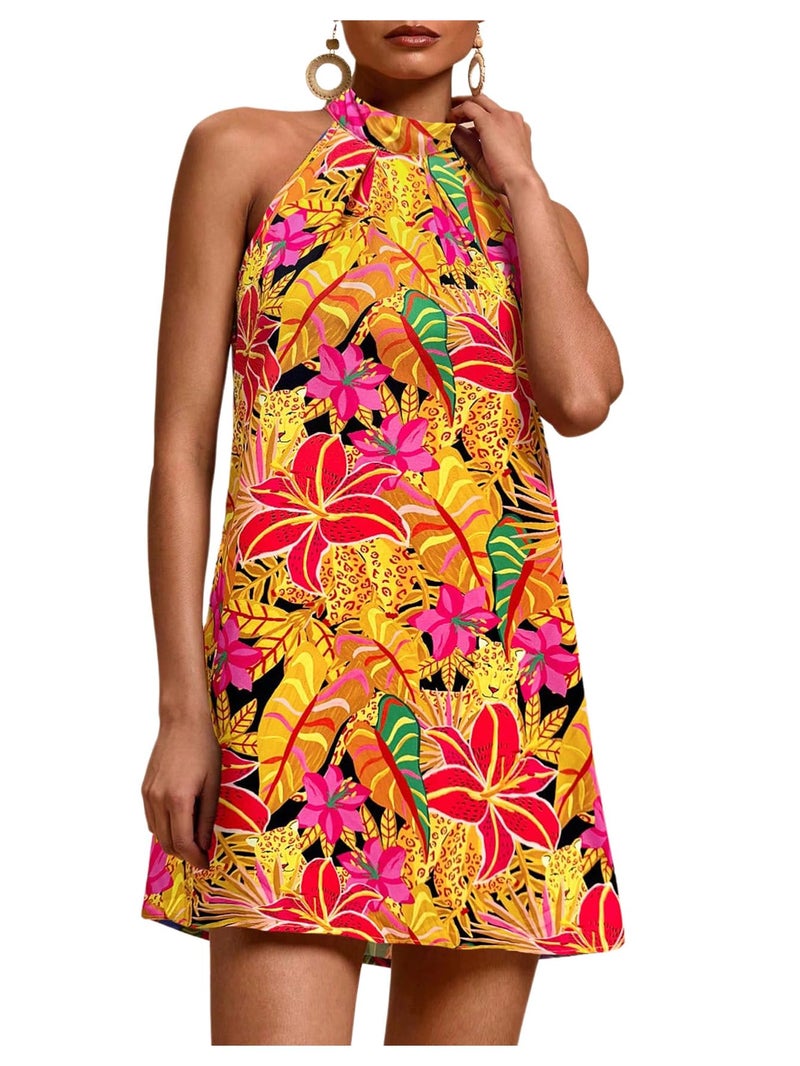 Floerns Women's Sleeveless Floral Print Sundress Halter Neck A Line Short Dress Orange Small - Image 1