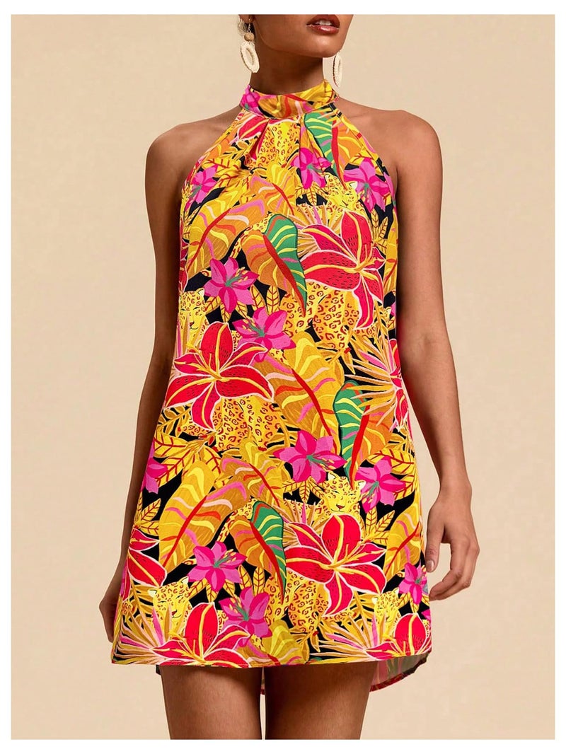 Floerns Women's Sleeveless Floral Print Sundress Halter Neck A Line Short Dress Orange Small - Image 4