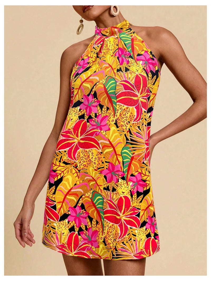 Floerns Women's Sleeveless Floral Print Sundress Halter Neck A Line Short Dress Orange Small - Image 5