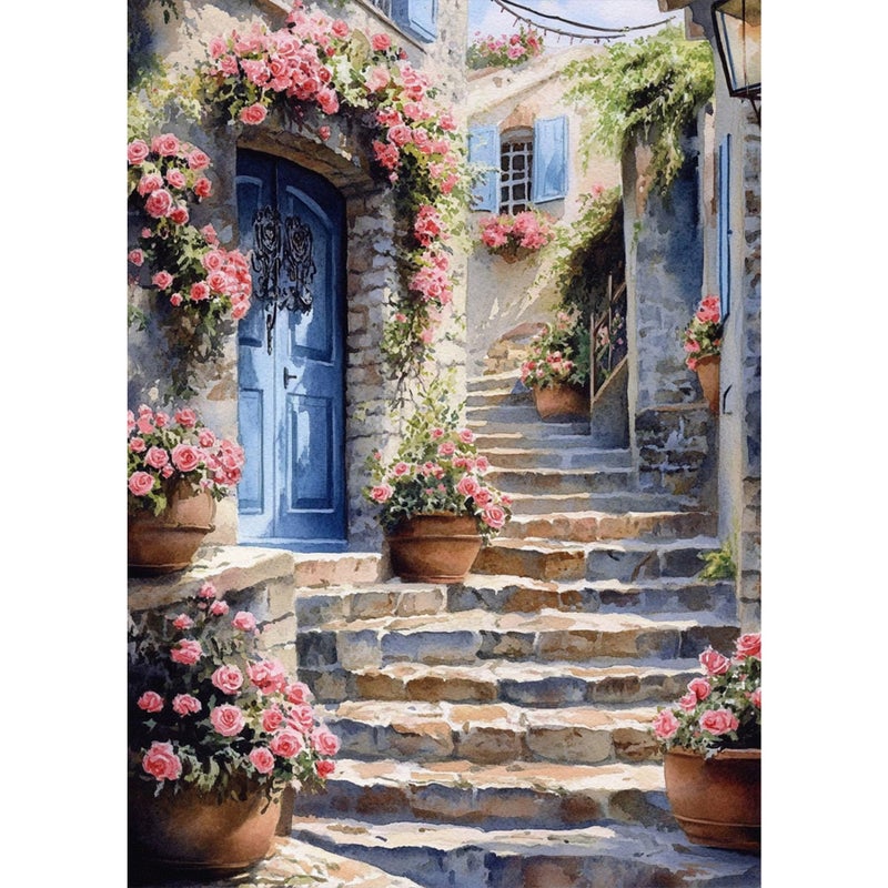 HEIBAGO Street Diamond Art Kits for Adults, 5D Full Drill Round House Painting Gems with Flower Diamond Painting, House Diamond Dots Perfect for Home Wall Decor 12x16inch - Image 1