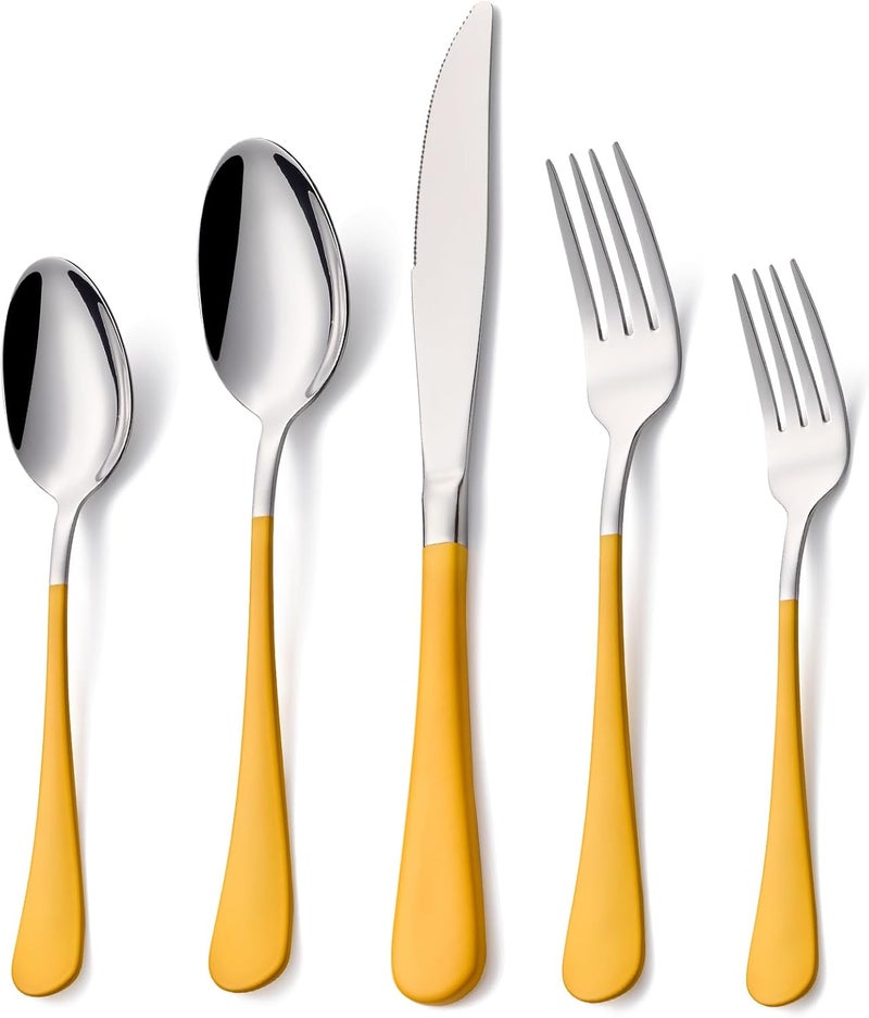Lekoton 20 Piece Yellow 180 Flatware Utensil Set for 4 Include Dinner KnifeDinner ForksDinner SpoonsSalad ForksTeaspoonsSilverware Set for 4 Dishwasher Safe - Image 1