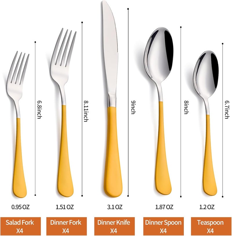 Lekoton 20 Piece Yellow 180 Flatware Utensil Set for 4 Include Dinner KnifeDinner ForksDinner SpoonsSalad ForksTeaspoonsSilverware Set for 4 Dishwasher Safe - Image 2