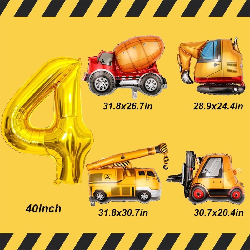 Tagberoy Construction Birthday Party Supplies 4 Year Old, Large Construction Balloons 40Inch Gold Number 4 Balloon Construction Truck Foil Balloons for Boys 4th Construction Birthday Party Decorations - Image 2