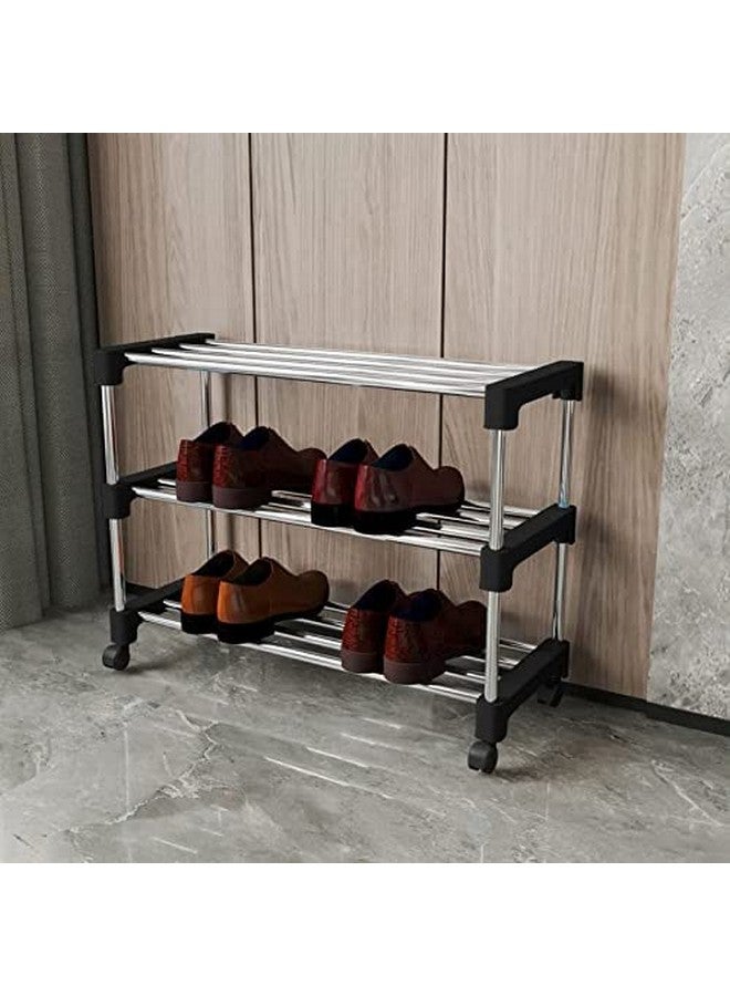 RUSHIL WERE RUSHIL WERE Stainless Steel 3 Shelves Shoes Rack, Multipurpose Storage Rack with 4 Caster Movable Wheels Stand for Home, Office, Kitchen, Balcony, Bathroom Classic | Black - Image 1