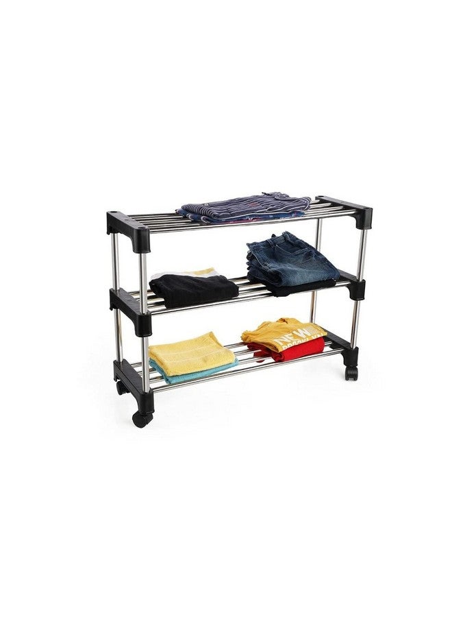 RUSHIL WERE RUSHIL WERE Stainless Steel 3 Shelves Shoes Rack, Multipurpose Storage Rack with 4 Caster Movable Wheels Stand for Home, Office, Kitchen, Balcony, Bathroom Classic | Black - Image 2