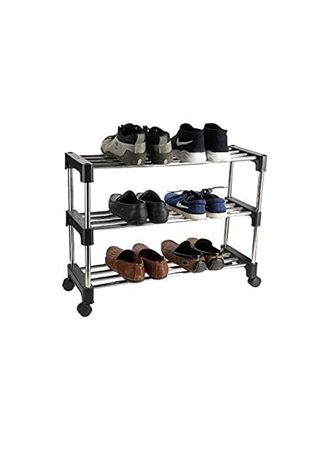 RUSHIL WERE RUSHIL WERE Stainless Steel 3 Shelves Shoes Rack, Multipurpose Storage Rack with 4 Caster Movable Wheels Stand for Home, Office, Kitchen, Balcony, Bathroom Classic | Black - Image 3